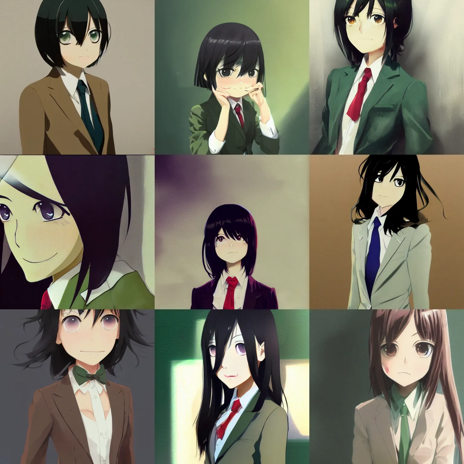 Prompt: cute'tomoko kuroki watamote portrait green eyes beige suit red tie by greg rutkowski makoto shinkai kyoto animation ultrahd award winning