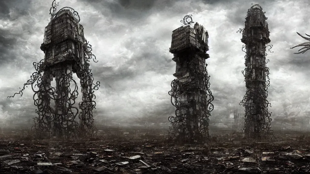 Image similar to A tower with an Eyeball at the top, BioMechanical like Giger, with tentacles coming out, looking over a stormy post-apocalyptic wasteland, dystopian art, wide lens