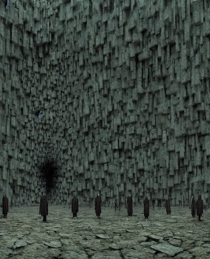 Prompt: a cryptic panopticon full on inmates and monsters, film still from the movie directed by Denis Villeneuve with art direction by Zdzisław Beksiński, wide lens