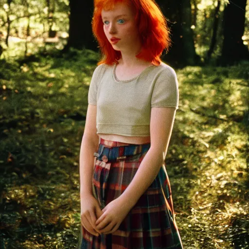 Prompt: Cute redhead girl with freckles, sunlight filtering through leaves, still from a film, Panavision C Series Anamorphic Lenses, Eastman Color Negative II 100T 5247/7247 Film