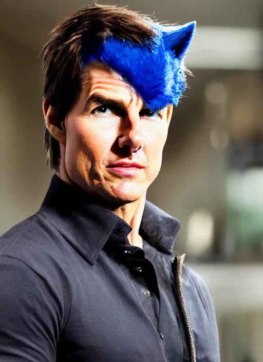 Image similar to a professional photo of tom cruise as sonic the hedgehog, not smiling, serious face, f / 1. 4, 9 0 mm