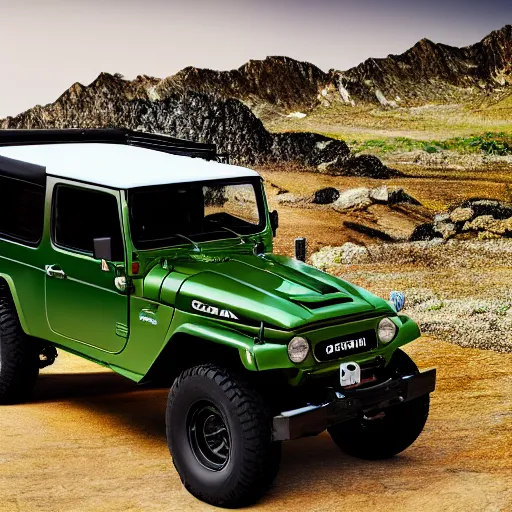 Prompt: closeup of a green Toyota Fj43 build in 1981, traveling through the mountains, black roof, with a roof rack, detailed, 8K, octane render, 8K,