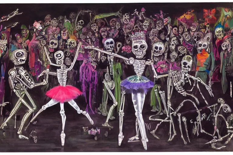 Image similar to scene from ballet, day of the dead, cyber skeletons, queen in black silk in the center, neon painting by otto dix