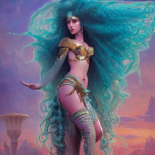 Image similar to octane render, artstation, 8 k, intricate detail, hyper detail, portrait by gaston bussiere, tan skin lady of elche, egyptian sumerian features, techno mystic goddess princess intergalactica inanna with aqua neon rapunzel dreadlocks,