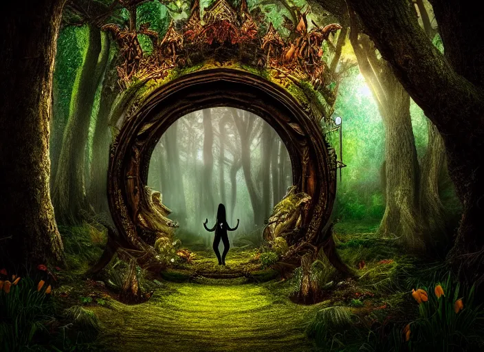 Image similar to photo of a portal to a different kingdom with magical creatures in it, in the forest. Fantasy magic style. Highly detailed 8k. Intricate. Nikon d850 55mm. Award winning photography.