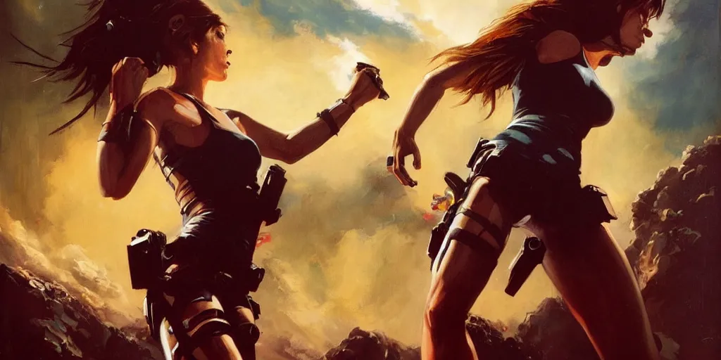 Prompt: an extremely aggressive android Lara Croft, glowing long hair, thunder clouds, painted by Peter Andrew Jones