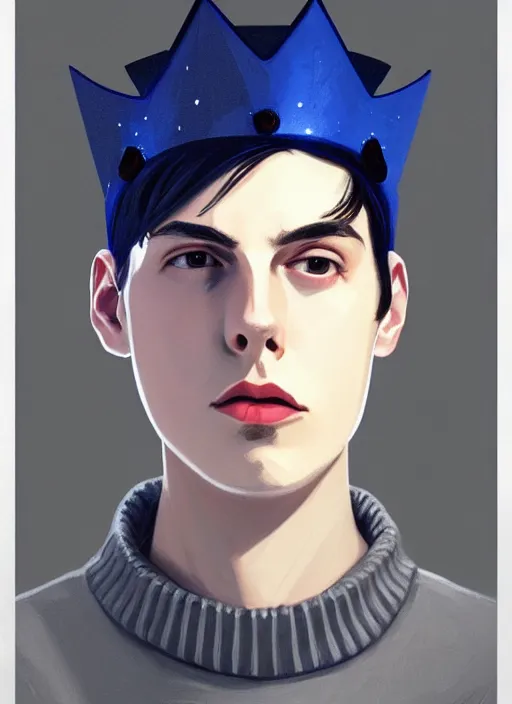 Image similar to portrait of teenage jughead jones wearing a light grey crown, crown, blue turtleneck, 1 9 5 0 s, closed eyes, photorealistic, black hair, glowing lighting, intricate, elegant, glowing lights, highly detailed, digital painting, artstation, concept art, smooth, sharp focus, illustration, art by wlop, mars ravelo and greg rutkowski