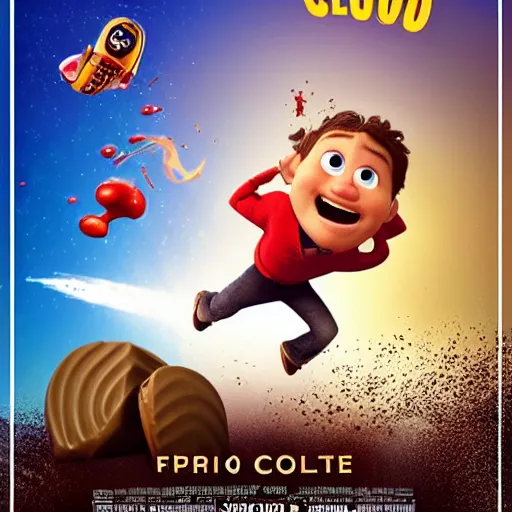 Image similar to a movie poster of a small boy flying taking off 1 0 feet from the ground by using a jetpack that spits a liquid chocolate syrup blend with milk burst with twirls of flow and fluid, and a giant white cereal bowl in the ground getting splashed by the chocolate burst, pixar 3 d animation style