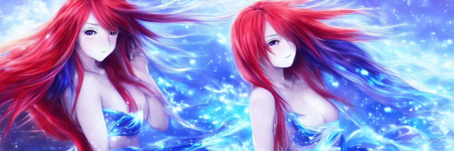 Prompt: advanced digital anime art, a very cute gorgeous teenage girl with a body made of fire and ice , full body, very long snow colored hair, sky blue highlights in hair, red fiery watery eyes, wearing a dress made of water, full round face, dramatic cinematic lighting, wideshot, highly intricately detailed, trending on pixiv, Artstation, painted by Rossdraws and the style of Sakimimichan