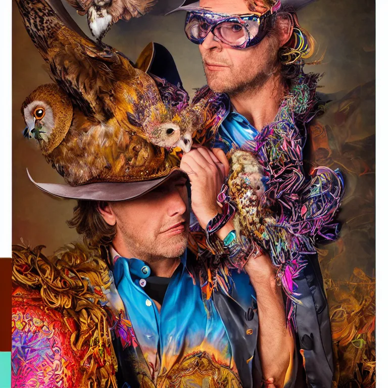 Image similar to high fashion photoshoot octane render portrait by wayne barlow and carlo crivelli and glenn fabry, a distinguished psychedelic cowboy wearing a colorful wes anderson designed cowboy costume and holding a barn owl inside a high - end exotic colorful pastel vintage boutique hotel lounge, very short depth of field, bokeh