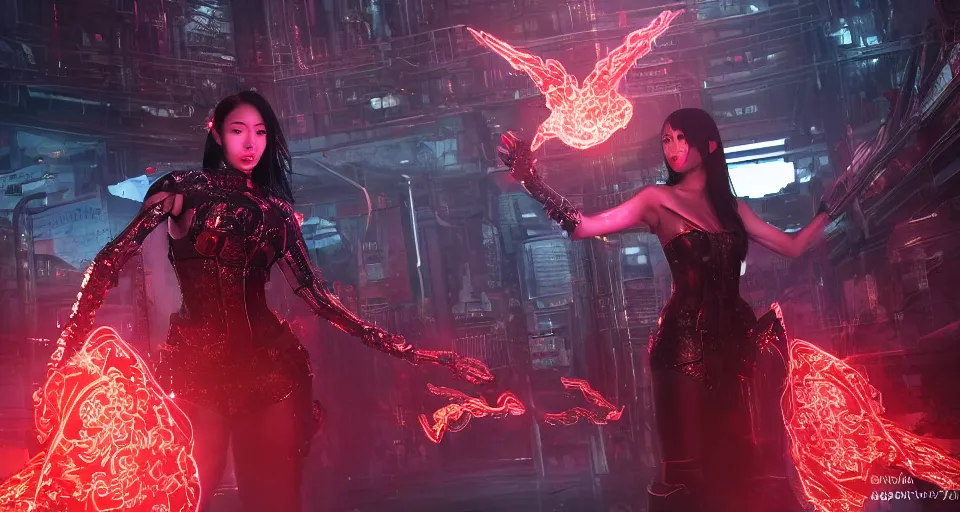 Image similar to a very hot scarlet asian necromancer in cyberpunk-plate-armor, Ultra-HD, doing a summoning futuristic ritual with giant holograms floathing in the air around her, Volumetric Lighting, Screen Space Global Illumination, Opaque, Optics, Lumen Reflections, VFX, insanely detailed and intricate, hypermaximalist, elegant, ornate, hyper realistic, super detailed, full body, octane render, unreal engine