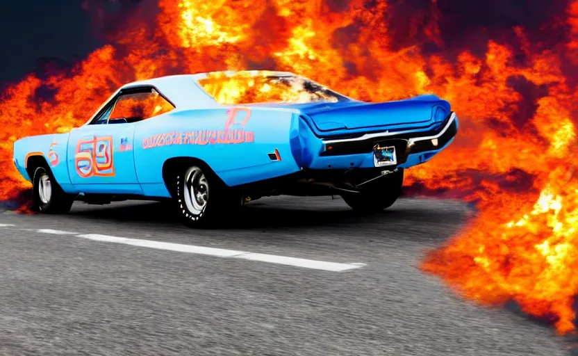 Prompt: a blue 1 9 7 0 plymouth road runner superbird driving high speed, fire explosion in the background, action scen. low camera realistic. high resolution. dramatic