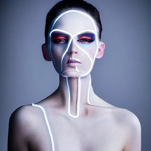 Image similar to high fashion photography of a model in neo futurism white sci - fi makup, transparent cloth, beautifully lit