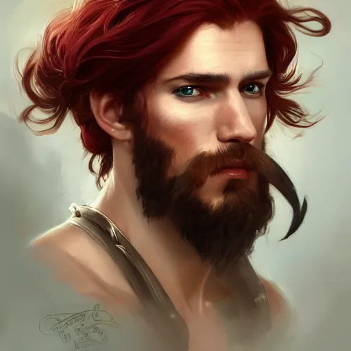 Prompt: portrait of a young pirate captain, male, masculine, handsome, upper body, red hair, long hair, cheerful, D&D, fantasy, intricate, elegant, highly detailed, digital painting, artstation, concept art, sensual, matte, sharp focus, illustration, art by Artgerm and Greg Rutkowski and Alphonse Mucha