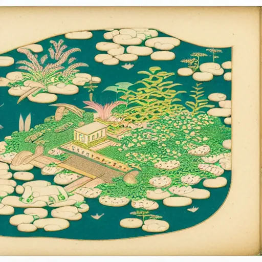 Prompt: 3d isometric botanical illustration of a small city in an island surrounded by water (frame 1/5), by maria sibylla merian in Ukiyo-e style, HD