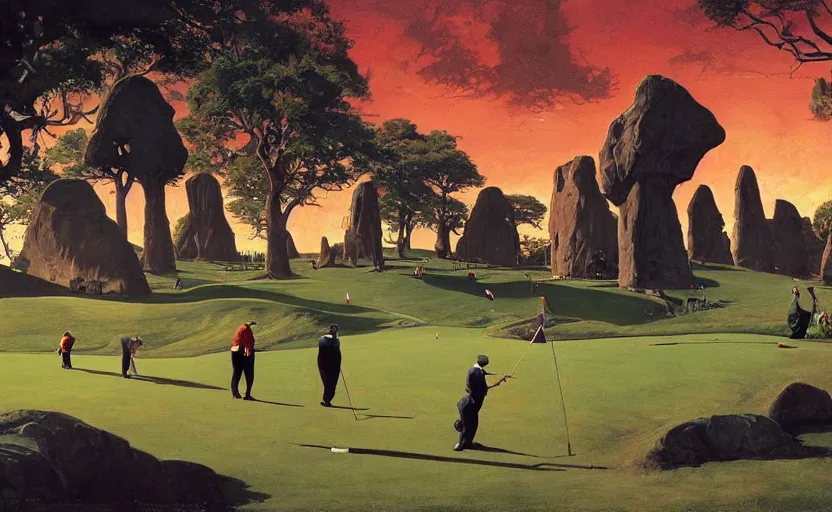 Prompt: golf course scene, surrounded by ancient monoliths with glowing runes. highly detailed science fiction painting by norman rockwell, frank frazetta, and syd mead. rich colors, high contrast, gloomy atmosphere, dark background. trending on artstation