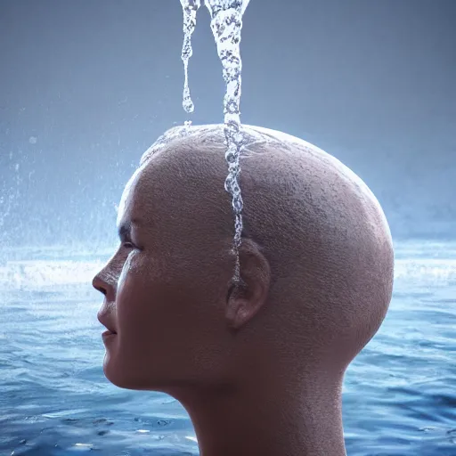 Prompt: water artwork manipulation in the shape of a human head, on the ocean water, ray tracing, realistic water sharp focus, long shot, 8 k resolution, cinematic, artstation