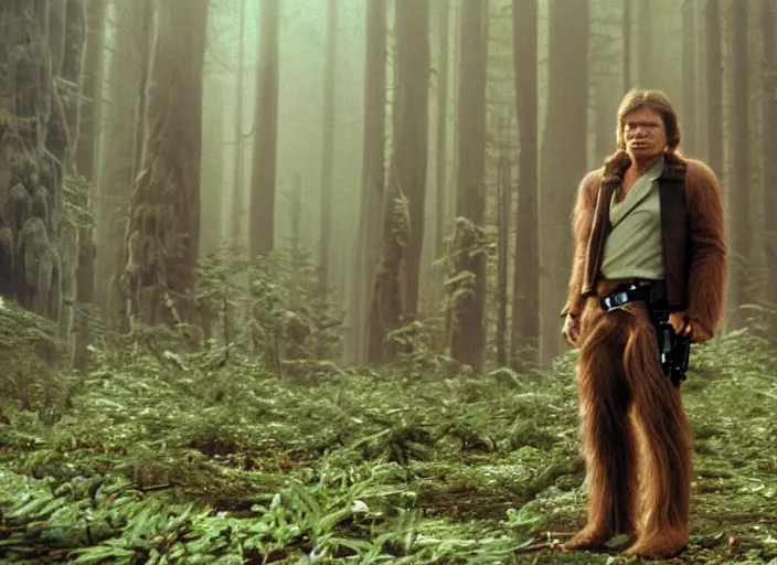 Image similar to screenshot of portrait Han Solo surrounded by wookies on forest planet, iconic scene from 1970s film by Stanley Kubrick, the lost Star Wars Film, moody hazy lighting, stunning cinematography, hyper-detailed, crisp, anamorphic lenses, kodak color film stock, 4k, very detailed, hyper real render