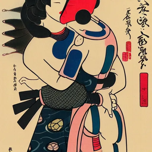 Image similar to a robotic man and woman hugging, shunga style, ukiyo - e art, artstation