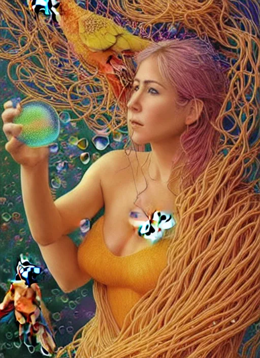 Image similar to hyper detailed 3d render like a Oil painting - Jennifer Anniston with blonde hair in thick mascara seen seriously making soap bubbles and Eating of the Strangling network of spaghetti and exotic colorful trees and Her delicate Hands hold of orange parrots bring iridescent luminescent trees whose blossoms black the intelligent stars by Jacek Yerka, Mariusz Lewandowski, Houdini algorithmic generative render, Abstract brush strokes, Masterpiece, Edward Hopper and James Gilleard, Zdzislaw Beksinski, Mark Ryden, Wolfgang Lettl, Dan Hiller, hints of Yayoi Kasuma, octane render, 8k