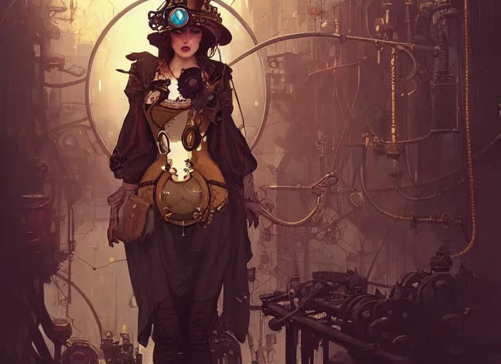 Image similar to woman model, steampunk!!! and modern, rgb, scary!!!! sewers!!!, backlit, elegant, highly detailed, digital painting, artstation, concept art, smooth, sharp focus, illustration, art by krenz cushart and artem demura and alphonse mucha