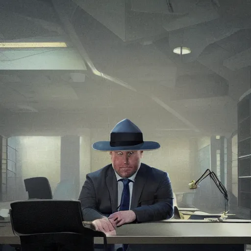 Prompt: hyperrealistic mixed media image of info wars alex jones at desk wearing hat, stunning 3 d render inspired art by xiang duan and thomas eakes and greg rutkowski, perfect facial symmetry, hyper realistic texture, realistic, highly detailed attributes and atmosphere, dim volumetric cinematic lighting, 8 k octane detailed render, post - processing, masterpiece,