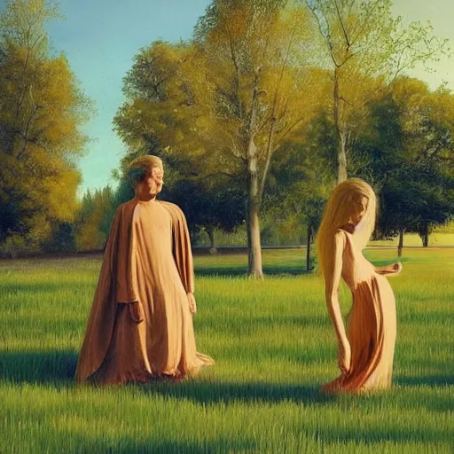 Image similar to Drawing. Conceptual art, the warm, golden light of the sun casts a beautiful glow on the scene, and the gentle breeze ruffles the leaves of the trees. The figures in the conceptual art are engaged in a simple activity, the way they are positioned and the expressions on their faces suggest a deep connection. Peace and contentment, idyllic setting. by Marc Simonetti, by Igor Zenin frightful