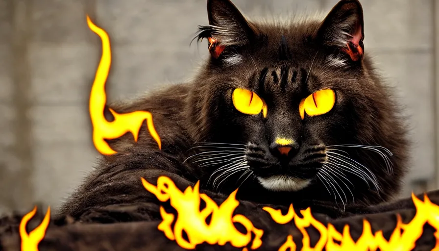 Image similar to big cat, black, fiery yellow eyes, flaming ears, paws, tail