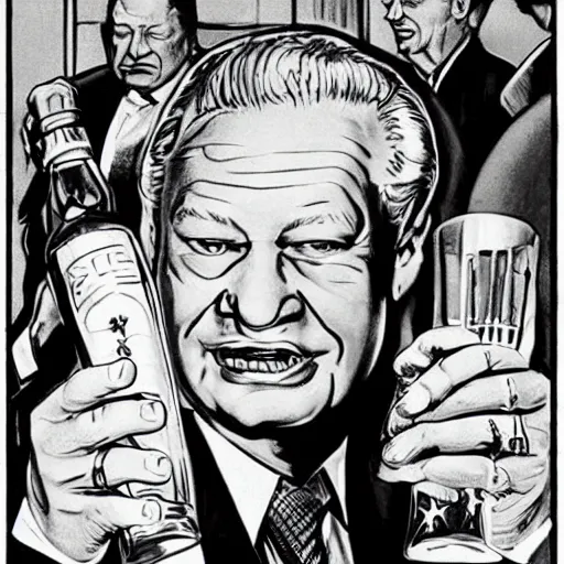 Image similar to yeltsin with a bottle of vodka in his hand encourages people to drink vodka, art in the style of soviet propaganda posters in color