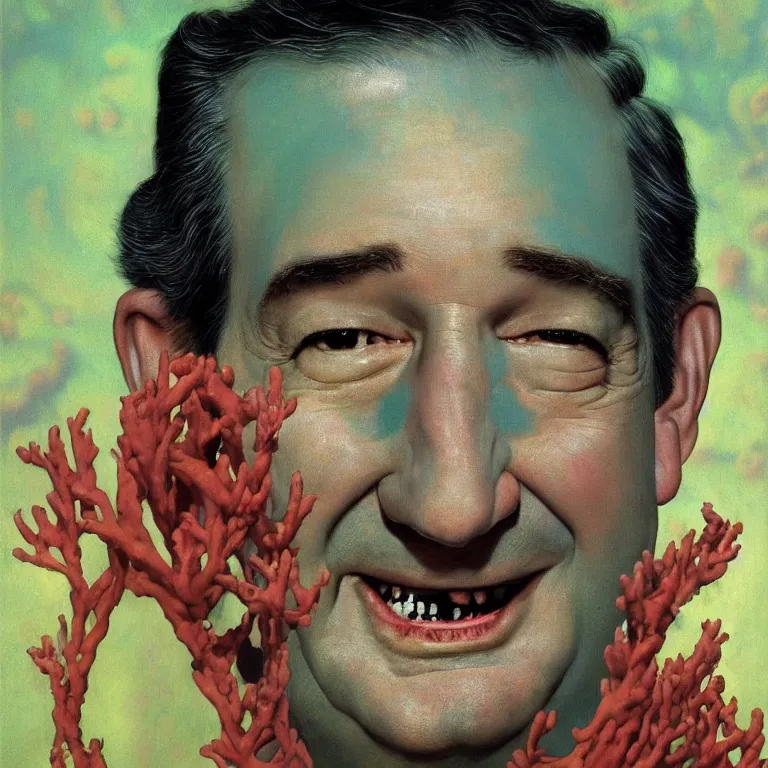 Image similar to Hyperrealistic intensely colored close up studio Photograph portrait of bioluminescent Senator Ted Cruz, symmetrical face realistic proportions eye contact golden eyes, Smiling in a coral reef underwater, award-winning portrait oil painting by Norman Rockwell and Zdzisław Beksiński vivid colors high contrast hyperrealism 8k