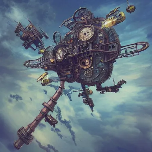 Prompt: flying city in a steel lotus, sky, steampunk!!!, fantasy art, steampunk, masterpiece, octane