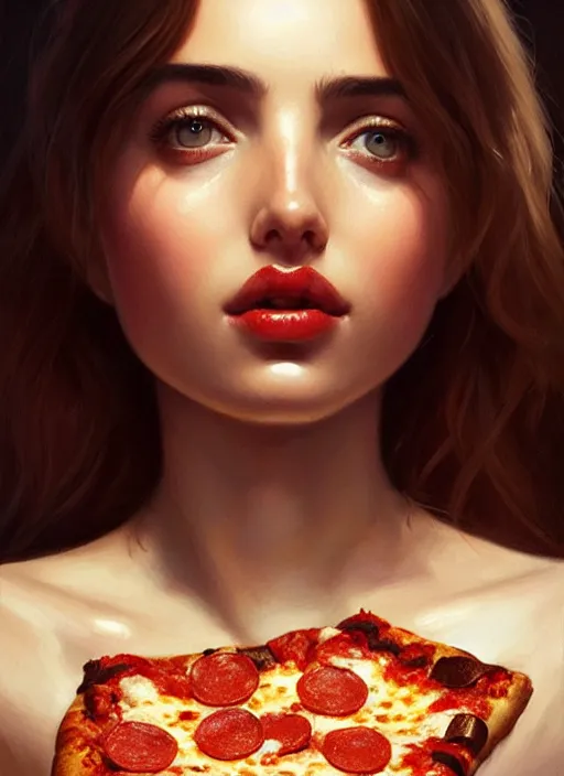 Image similar to portrait of ana de armas eating pizza, intricate, elegant, glowing lights, highly detailed, digital painting, artstation, concept art, smooth, sharp focus, illustration, art by wlop, mars ravelo and greg rutkowski