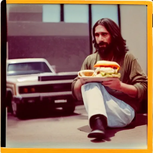 Image similar to jesus taking a lunch break at his day shift at mcdonald ’ s circa 1 9 8 0, polaroid image