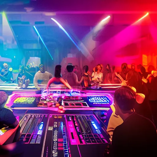 Image similar to dj playing roulette tables, nightclub, photorealistic, low light, coloured lights, people dancing, music, detailed