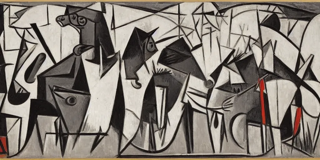 Prompt: upscale painting by picasso, black and white painting of war scene, horses and swords