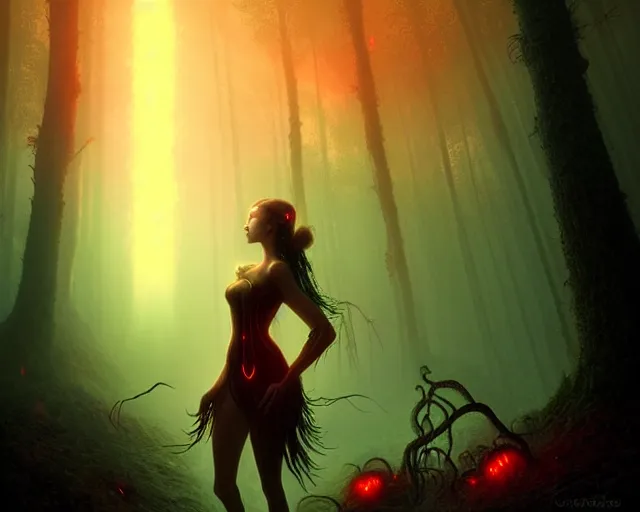 Image similar to portrait of a beautiful fairy woman standing in strange alien forest, glowing fungus, misty, red glowing horizon, fireflies, ultra high definition, ultra detailed, symmetry, sci - fi, dark fantasy, by greg rutkowski and ross tran