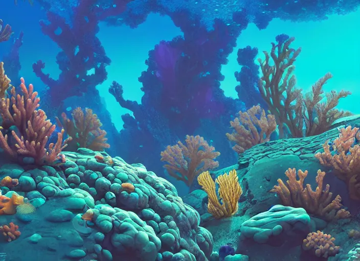 Prompt: a luminescent underwater reef with corals and aquatic life by paolo eleuteri serpieri and tomer hanuka and chesley bonestell and daniel merriam and tomokazu matsuyama, unreal engine, high resolution render, featured on artstation, octane, 8 k, highly intricate details, vivid colors, vector illustration