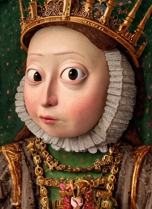 Image similar to closeup medieval jan van eyck face portrait of tin toy greta thunberg medieval goblin as a fairytale princess wearing a crown eating cakes in the castle, bikini, detailed and intricate environment, nicoletta ceccoli, mark ryden, lostfish, hyperrealistic, octane render