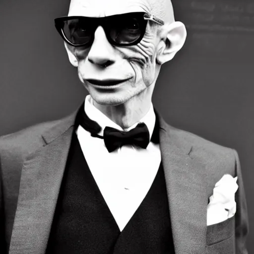 Prompt: award - winning photograph of super stylish and cool gollum wearing dark shades and wearing a handsome suit