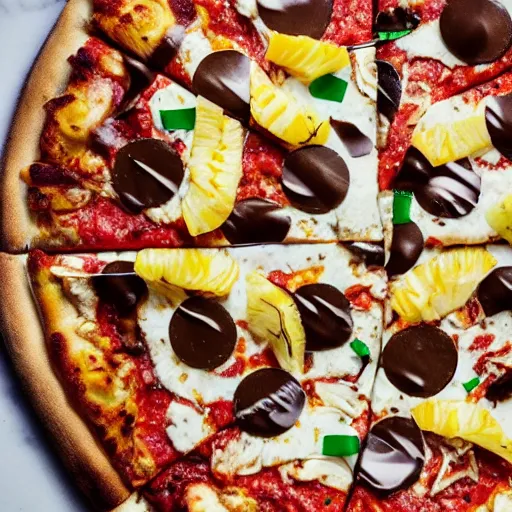 Image similar to pizza with cigarette buts and ash, raw chicken fillets, pineapple slices, with chocolate sauce and sprinkled with confetti