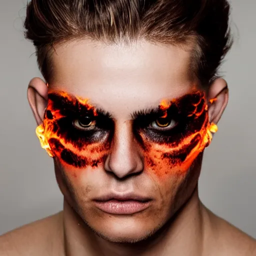 Image similar to a male model with glowing inferno eyes, frontal view, cool looking