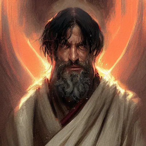 Image similar to portrait of a man by Greg Rutkowski, an old Jedi, arabian features, and olive skin, long black hair and beard, wise appearance, orange robes, Star Wars Expanded Universe, he is about 60 years old, highly detailed portrait, digital painting, artstation, concept art, smooth, sharp foccus ilustration, Artstation HQ