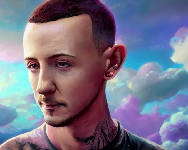 Prompt: An epic fantasy comic book style portrait painting of a very beautiful ethereal Chester Bennington floating above the vibrant clouds , soft pastel colors, dreamy colorful haze, character design by Mark Ryden and Pixar and Hayao Miyazaki, unreal 5, DAZ, hyperrealistic, octane render, cosplay, RPG portrait, dynamic lighting, intricate detail, summer vibrancy, cinematic