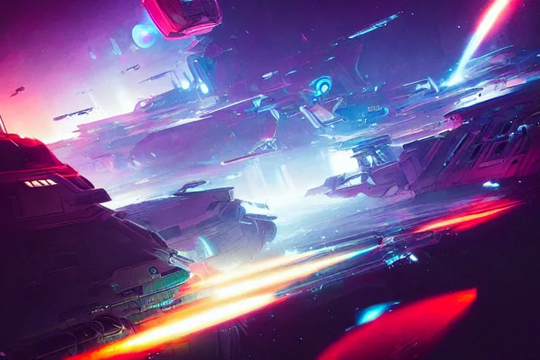 Prompt: concept art of epic space battle. by john harris and liam wong, matte, masterpiece, atmospheric, wide angle shot