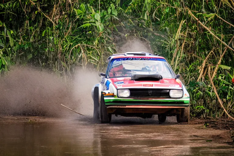 Image similar to a group B rally car driving around over a wooden bridge in the Cambodian swamps, high-speed sports photography