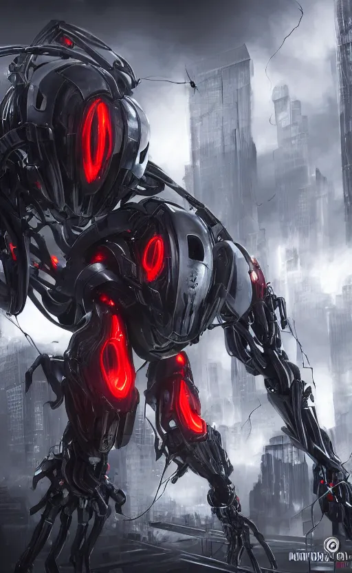 Image similar to a robot humanoid spider in a city, with 4 arms with claws, glowing red eyes, in a black carbon and red fiber armor, smiling creepily, dynamic lighting, photorealistic fantasy concept art, trending on art station, stunning visuals, creative, cinematic, ultra detailed