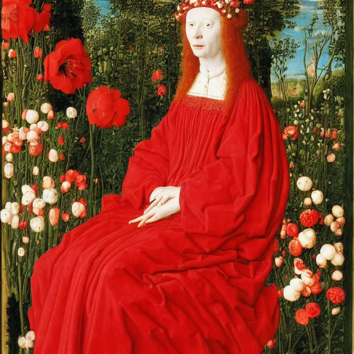 Prompt: a woman in a red dress, sitting on a throne of flowers, by Jan van Eyck