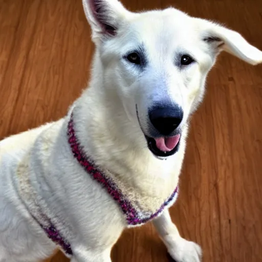 Prompt: a white shepherd wearing a sweater