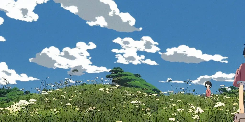 Image similar to A landscape from a film directed by Hayao Miyazaki, wallpaper