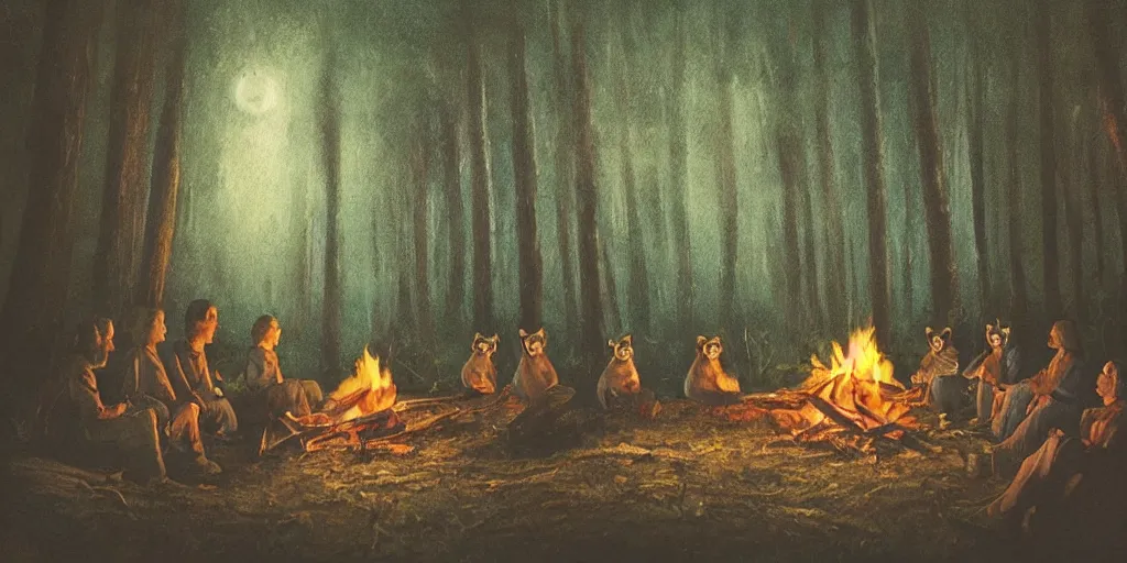 Prompt: A majestic night in the forest. A small group of racoons is sitting next to a campfire. Cinematic, very beautiful, painting in the style of Lord of the rings